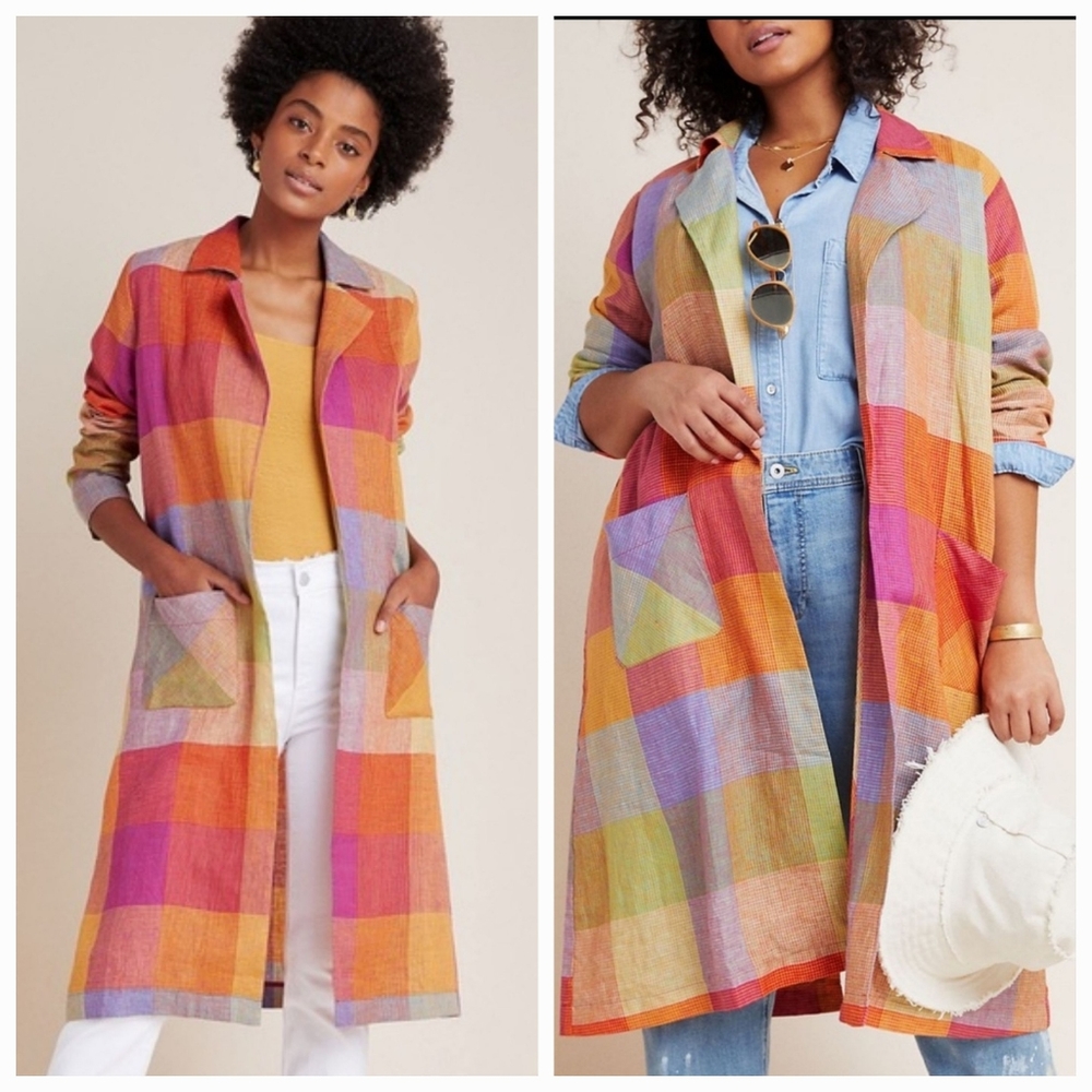 NWT! ANTHROPOLOGIE plaid Sierra linen duster Jacket! Size Small.
